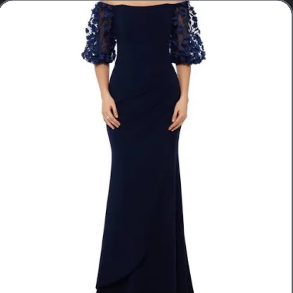 Xscape Floral Navy Off the Shoulder Gown